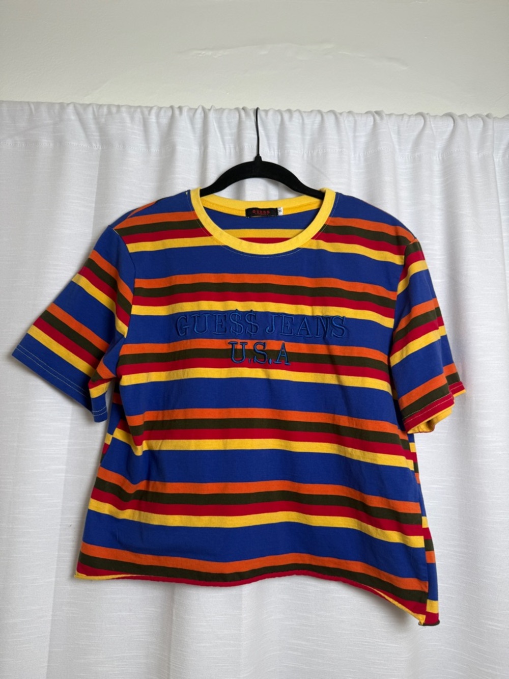 Guess Jeans USA Striped Graphic Tee Blue Multicolor Logo T Shirt | Size M - Picture 4 of 10